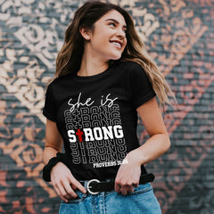 She Is Strong Proverbs Christian Shirt Religious Motivation - Faith & Flame - Books and Gifts - Amaranth Hades -