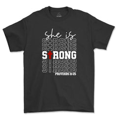 She Is Strong Proverbs Christian Shirt Religious Motivation - Faith & Flame - Books and Gifts - Amaranth Hades -