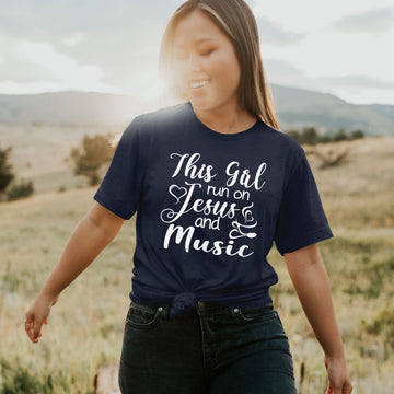 This Girl Runs On Jesus & Music T-Shirt Birthday Gift Music Lover - Faith & Flame - Books and Gifts - Amaranth Hades -